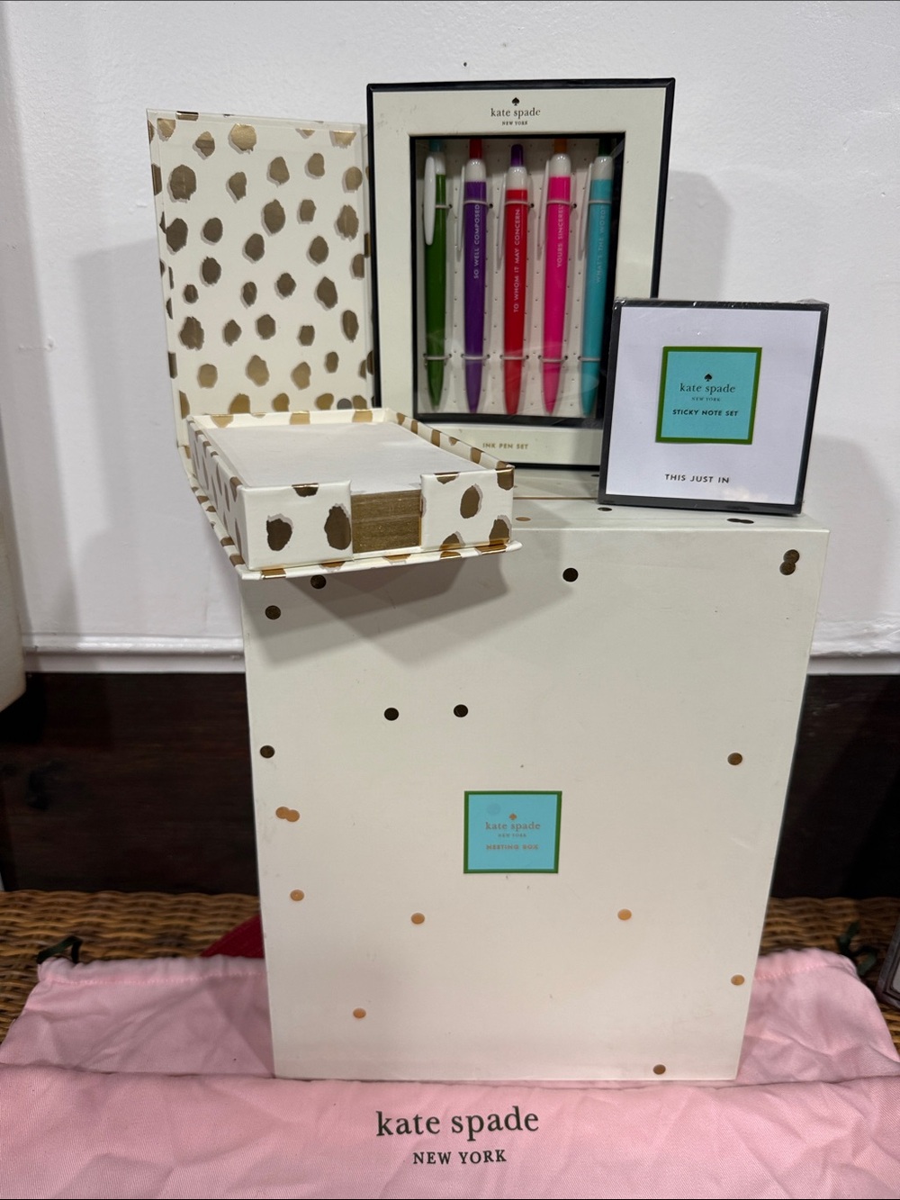 Kate Spade  4 pc Stationery Set (MultiPens, Post its, Note Paper & File Box)
